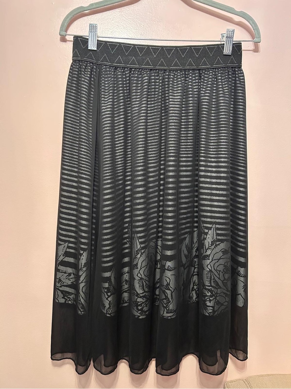 LuLaRoe Black and Gray Floral Stripe Midi Skirt